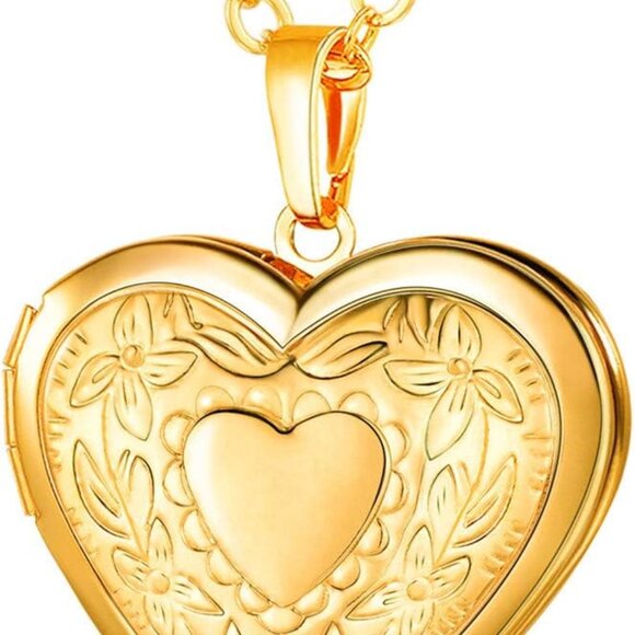 Women Locket Necklace 14K Gold Photo Lockets Heart Love 20 Inch Chain Gift - Picture 1 of 7